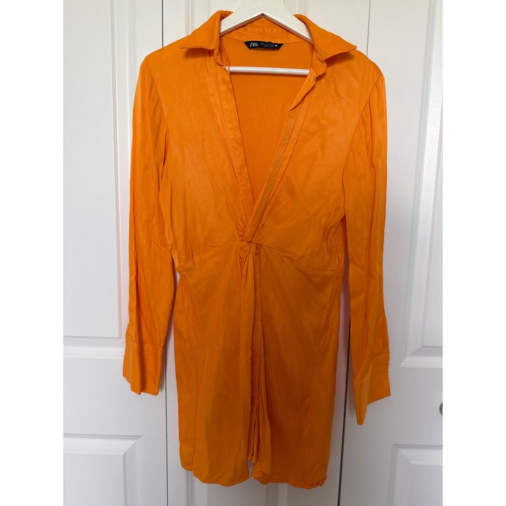 Zara Orange Twist Front Mini Shirt Dress Long Sleeve V-Neck Size Medium